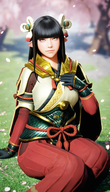 masterpiece,best quality,amazing quality,
<lora:mhminotoNAI:1>,mhminoto,realistic,
1girl,solo,black hair,long hair,blunt bangs,hair ornament,yellow eyes,red and white short cape,white robe top,green waist armor,red hakama pants,black gloves,hand on chest,
looking at viewer,on grass,from above,sitting sideways,cherry blossoms,falling petals,grass,flower,(blurry background:1.4),depth of field,soft lighting,light particles,