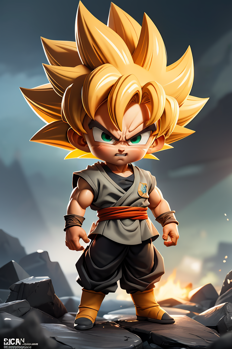 (masterpiece, best quality), intricate details, artstation, wallpaper, official art, splash art, storm in background, sharp focus, 1boy, (photorealistic:1.2) (bokeh) (best quality) (detailed skin:1.3) (intricate details) (8k) (detailed eyes) (sharp focus) son goku, angry, battle damage, blonde hair, blue sash, clenched teeth, furious, green eyes, male focus, muscular, muscular male, pectorals, sash, solo, spiked hair, super saiyan, super saiyan 1, teeth, topless male, torn clothes, wristband,full body, chibi <lora:goku_black1-10:0.7>,<lora:GoodHands-beta2:1>, cartoon rendering