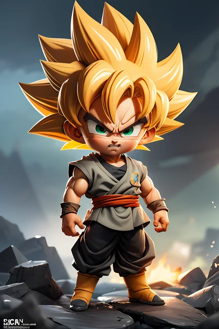 (masterpiece, best quality), intricate details, artstation, wallpaper, official art, splash art, storm in background, sharp focus, 1boy, (photorealistic:1.2) (bokeh) (best quality) (detailed skin:1.3) (intricate details) (8k) (detailed eyes) (sharp focus) son goku, angry, battle damage, blonde hair, blue sash, clenched teeth, furious, green eyes, male focus, muscular, muscular male, pectorals, sash, solo, spiked hair, super saiyan, super saiyan 1, teeth, topless male, torn clothes, wristband,full body, chibi <lora:goku_black1-10:0.7>,<lora:GoodHands-beta2:1>, cartoon rendering