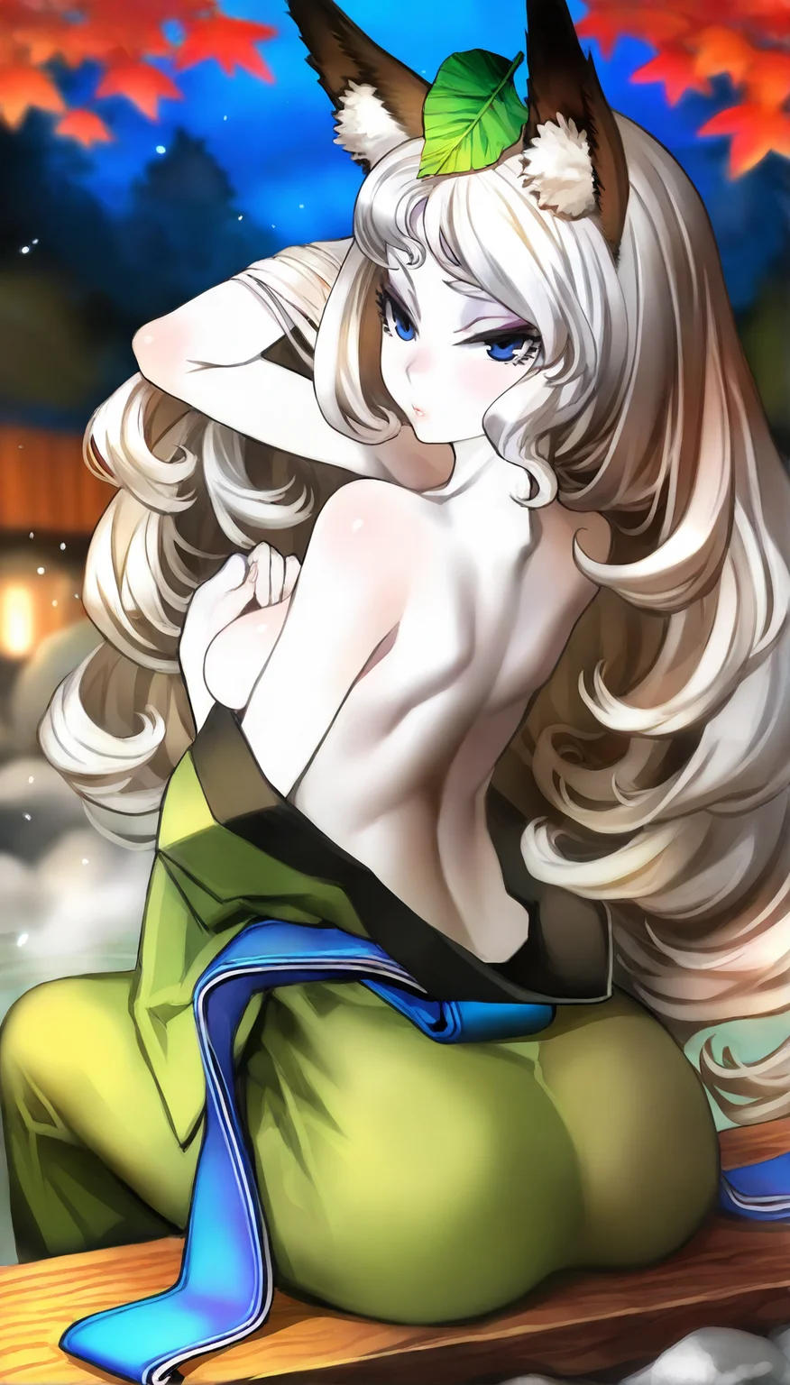 masterpiece,best quality,amazing quality,
<lora:yuzuruhaIL:1>,yuzuruha,
1girl,solo,pale skin,
white hair,long hair,wavy hair,bangs,fox ears,a green leaf on head,
blue eyes,
topless,
green kimono,blue obi belt,
back view,sitting,left holding breast,right hand adjusting hair,
blurry background,outdoors,night,hot spring,forest,light particles,fog,soft lighting,maple leaf,