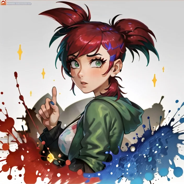 ((best quality)), ((highly detailed)), masterpiece, ((official art)), (detailed eyes, deep eyes), (1girl:1.33, solo), <lora:frankieFosterLora_v1:.9>, frankie foster, green eyes, red hair, spiky hair, ponytail, medium breasts, <lora:abstractPortraits_v1:.6>, pxint, portrait, brown and Slate grey, droplets, flowing, with a splash of paint, paint splash, multicolored, sparkle, bubble, (abstract)