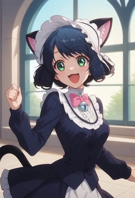 score_9, score_8_up, score_7_up, professional anime,1girl,solo,(Cyan from Show by rock!),perfect body,short girl,petite,<lora:show_by_rock_cyan:1>,1girl, short hair, black hair, green eyes, cat ears, cat tail, short dress, pink bowtie, long sleeves, bonnet, curly hair,medium breasts,happy,jumping