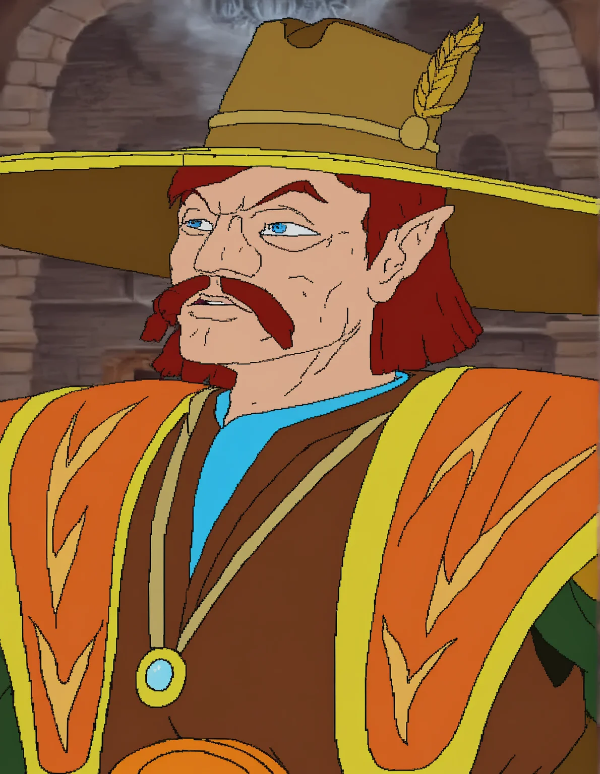 <lora:cdi-style_vpred-noobaiv10_:1> best quality, masterpiece, cdi style, jaggy lines, flat colors, lord kiro, solo, headgear, clothing, blue eyes, male, mammal, headwear, hat, red hair, hair, humanâââ