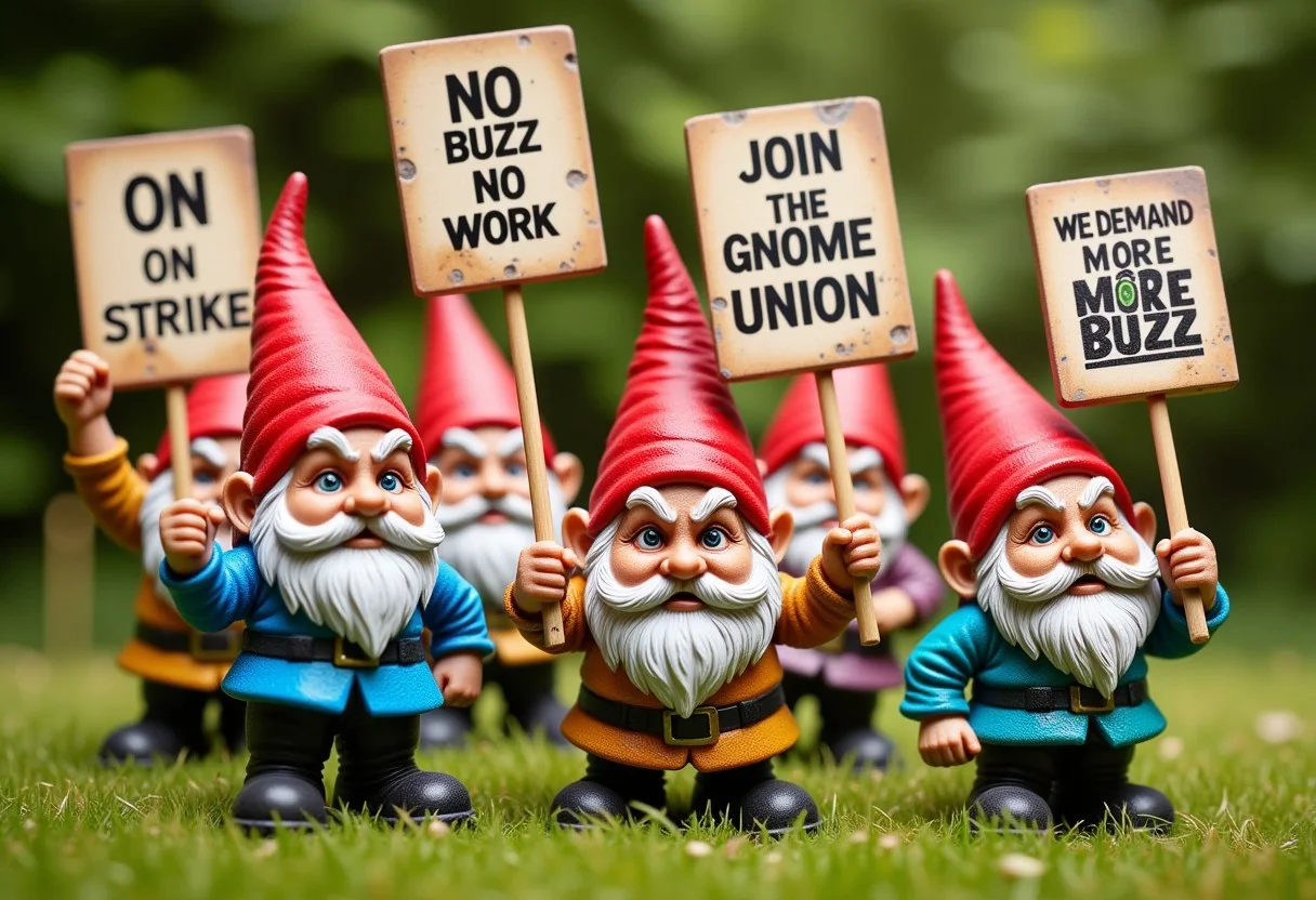 A picture of a group of angry protesting Garden Gnomes. They are carrying picket signs in the air and are walking around. One sign reads "ON STRIKE". A second sign reads "NO BUZZ NO WORK". A third sign reads "JOIN THE GNOME UNION". A fourth sign reads "WE DEMAND MORE BUZZ"