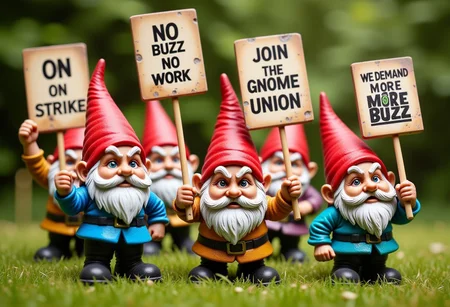 A picture of a group of angry protesting Garden Gnomes. They are carrying picket signs in the air and are walking around. One sign reads "ON STRIKE". A second sign reads "NO BUZZ NO WORK". A third sign reads "JOIN THE GNOME UNION". A fourth sign reads "WE DEMAND MORE BUZZ"