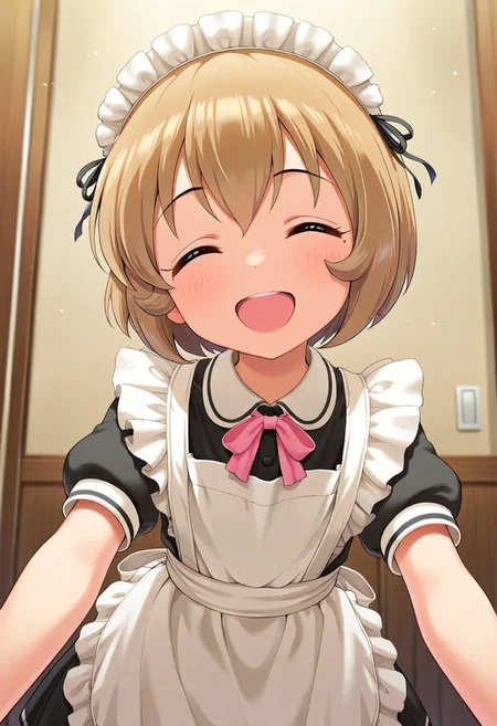 masterpiece,best quality,amazing quality, koga koharu, short hair, brown hair, 1girl, closed eyes, solo, smile, maid headdress, facing viewer, open mouth, apron, short sleeves