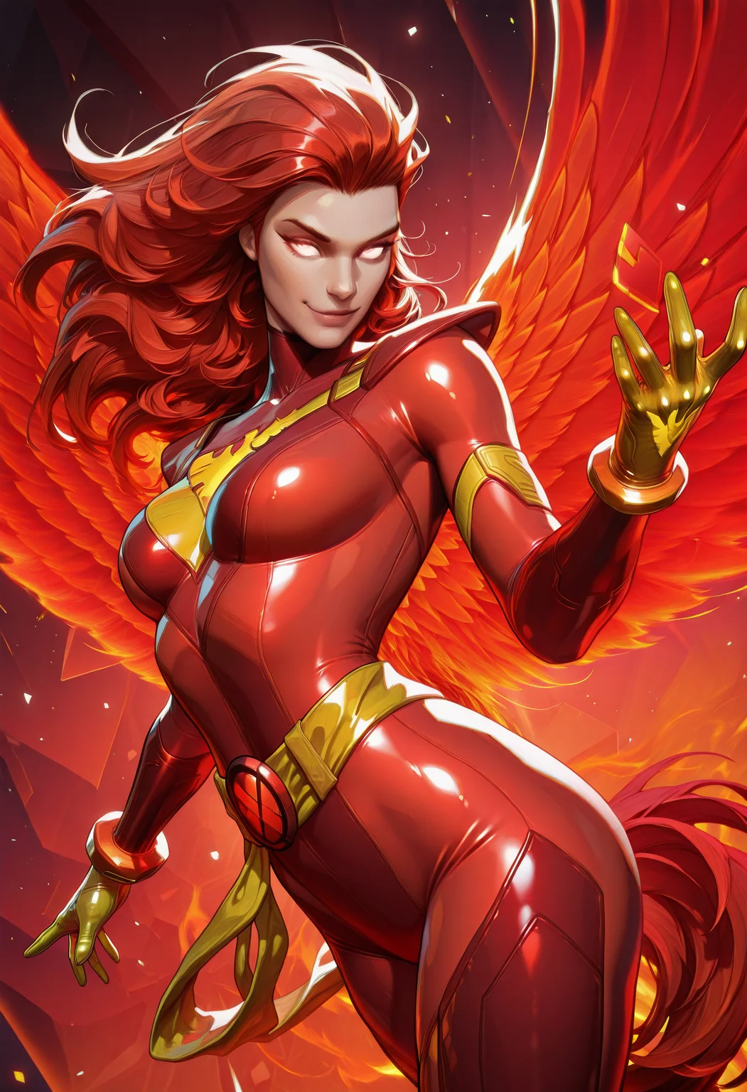 (EyesHD:1.2), masterpiece, best quality, amazing quality, highres, absurdres, very aesthetic, very awa, western, MarvelRivals, semi realistic, cartoon, shiny skin, skindentation,, 1girl, solo, end_jngr3y, long hair, red hair, gradient hair, floating hair, small breasts,
BREAK,
white eyes, red hair, glowing eyes, no pupils, yellow sash, skin tight, multicolored bodysuit, red bodysuit, phoenix symbol, latex, yellow gloves, 
BREAK,
looking at viewer, dynamic pose, flying, smug,, cowboy shot, dutch angle, multicolored background,, hyper detailed, volumetric lighting, lazypos, <lora:AMarvelRivals_style-06:1.0000000000000002> <lora:Jean_Grey_X-men_Character_LoRA_Illustrious:0.9000000000000001> <lora:illustrious_quality_modifiers_masterpieces_v1:1.0000000000000002> <lora:spo_sdxl_10ep_4k-data_lora_webui:0.8000000000000002>