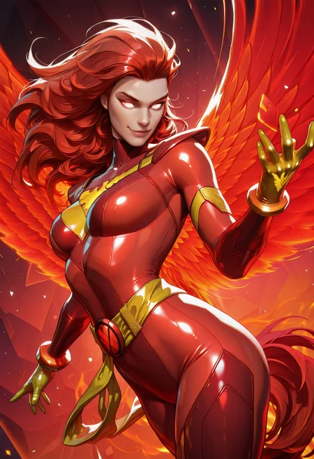 (EyesHD:1.2), masterpiece, best quality, amazing quality, highres, absurdres, very aesthetic, very awa, western, MarvelRivals, semi realistic, cartoon, shiny skin, skindentation,, 1girl, solo, end_jngr3y, long hair, red hair, gradient hair, floating hair, small breasts,
BREAK,
white eyes, red hair, glowing eyes, no pupils, yellow sash, skin tight, multicolored bodysuit, red bodysuit, phoenix symbol, latex, yellow gloves, 
BREAK,
looking at viewer, dynamic pose, flying, smug,, cowboy shot, dutch angle, multicolored background,, hyper detailed, volumetric lighting, lazypos, <lora:AMarvelRivals_style-06:1.0000000000000002> <lora:Jean_Grey_X-men_Character_LoRA_Illustrious:0.9000000000000001> <lora:illustrious_quality_modifiers_masterpieces_v1:1.0000000000000002> <lora:spo_sdxl_10ep_4k-data_lora_webui:0.8000000000000002>