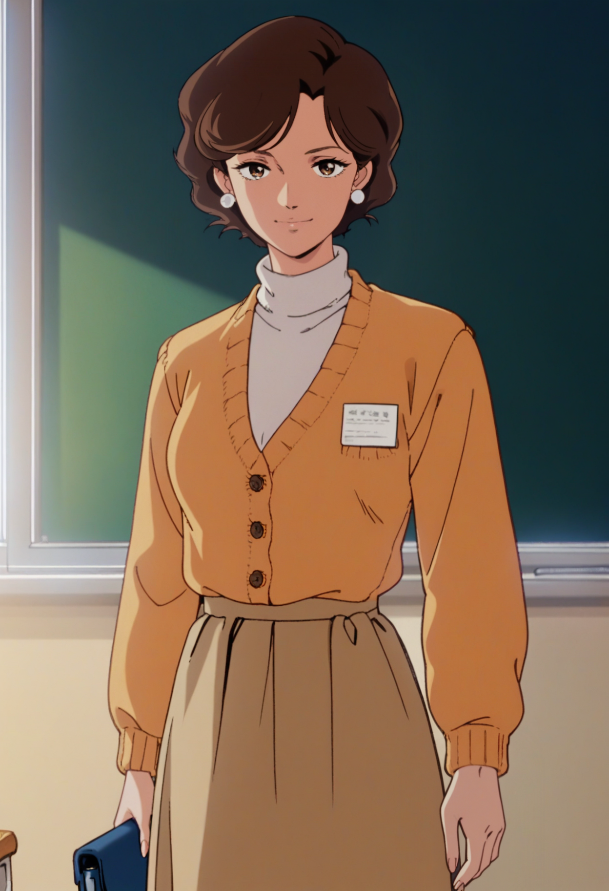 score_9, score_8_up, score_7_up, score_6_up, anime screencap, anime coloring, <lora:G0080T:0.9>, G0080T, 1girl, solo, brown eyes, brown hair, short hair, earrings,
cardigan, white turtleneck sweater, brown skirt,
looking at viewer, light smile, standing, cowboy shot,
BREAK indoors, chalkboard, classroom, sunset, window,