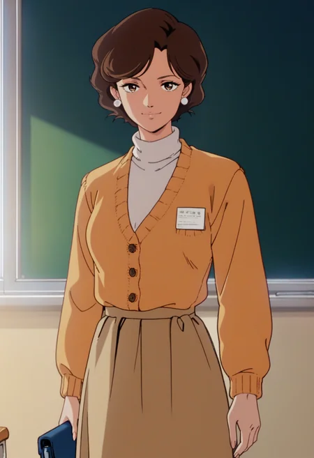 score_9, score_8_up, score_7_up, score_6_up, anime screencap, anime coloring, <lora:G0080T:0.9>, G0080T, 1girl, solo, brown eyes, brown hair, short hair, earrings,
cardigan, white turtleneck sweater, brown skirt,
looking at viewer, light smile, standing, cowboy shot,
BREAK indoors, chalkboard, classroom, sunset, window,