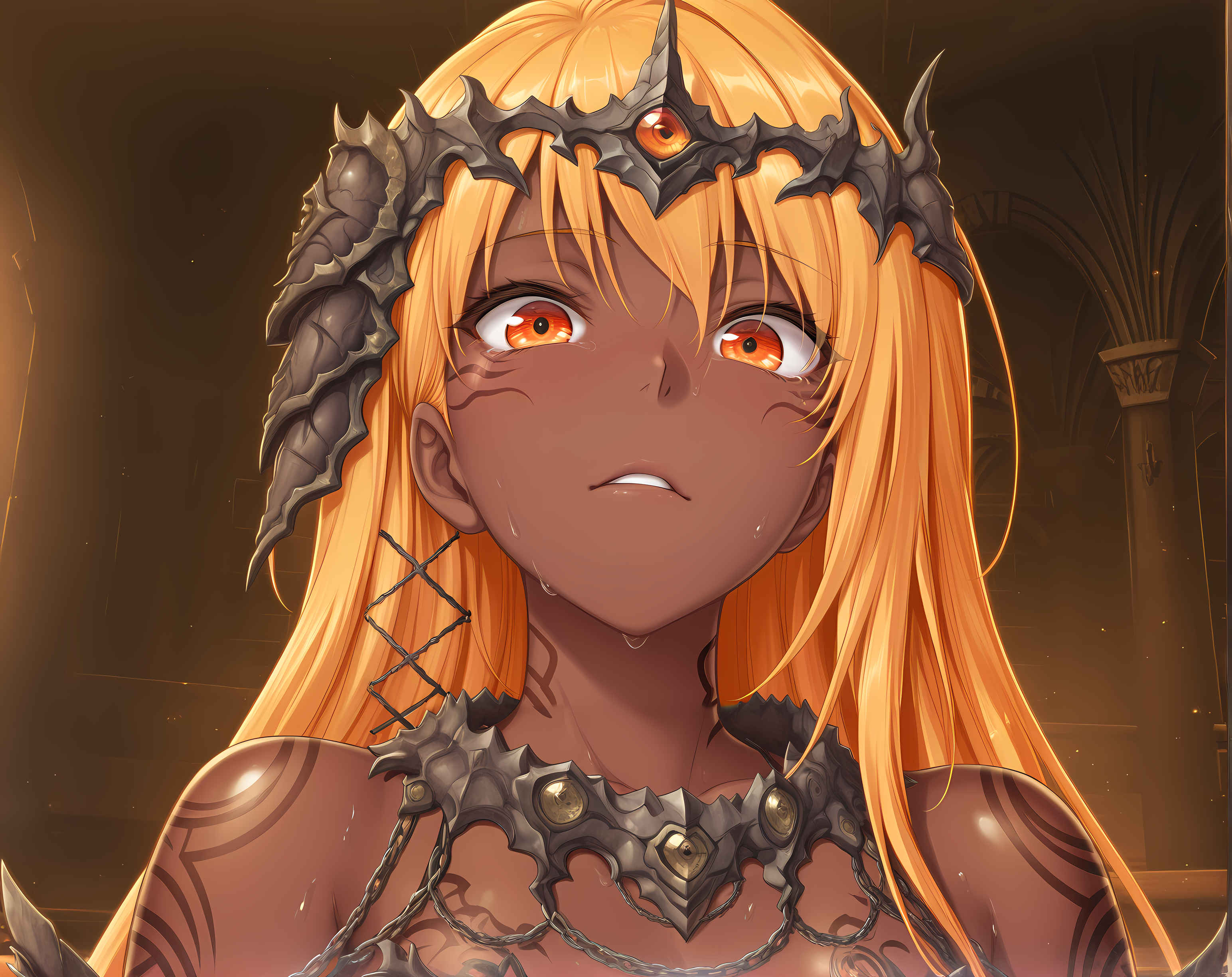 <lora:AgnaGaretta:1>,agna,dark-skinned female,very long hair,orange eyes,blonde hair,tattoo,portrait,bare shoulders,, masterpiece,best quality,amazing quality, very aesthetic, absurdres,detailed eyes,ultra-detailed,