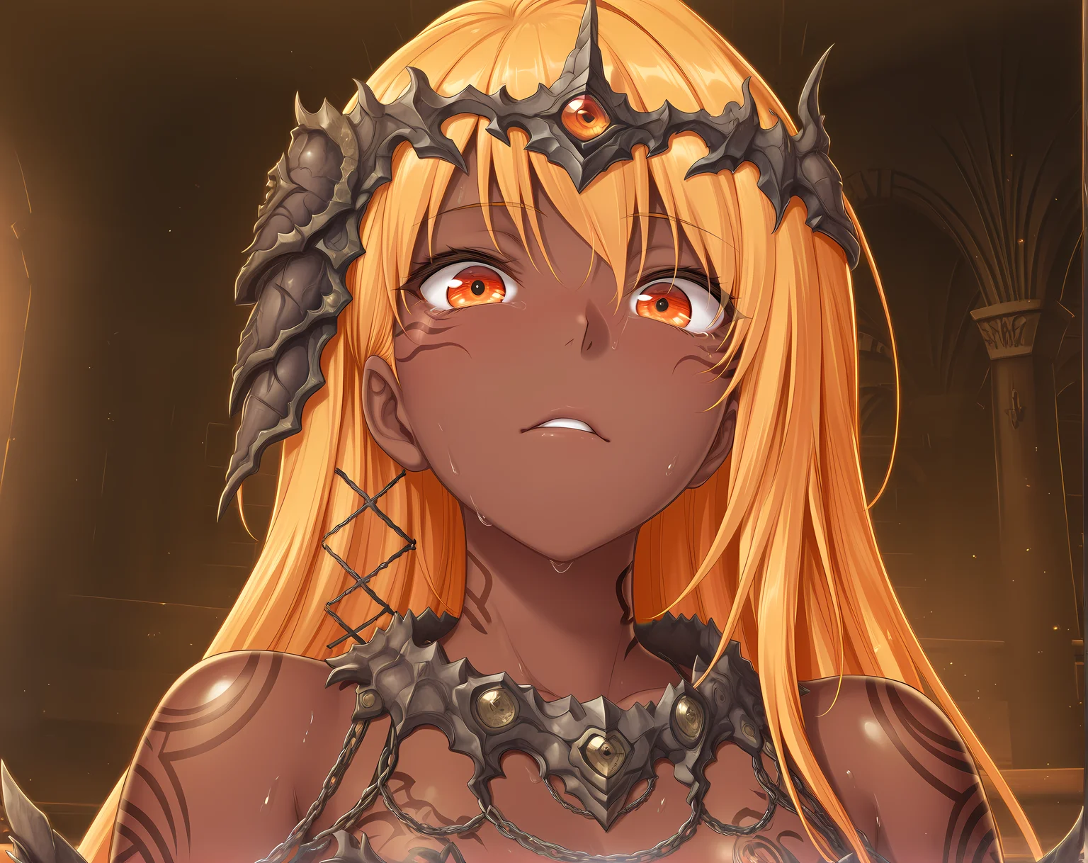 <lora:AgnaGaretta:1>,agna,dark-skinned female,very long hair,orange eyes,blonde hair,tattoo,portrait,bare shoulders,, masterpiece,best quality,amazing quality, very aesthetic, absurdres,detailed eyes,ultra-detailed,
