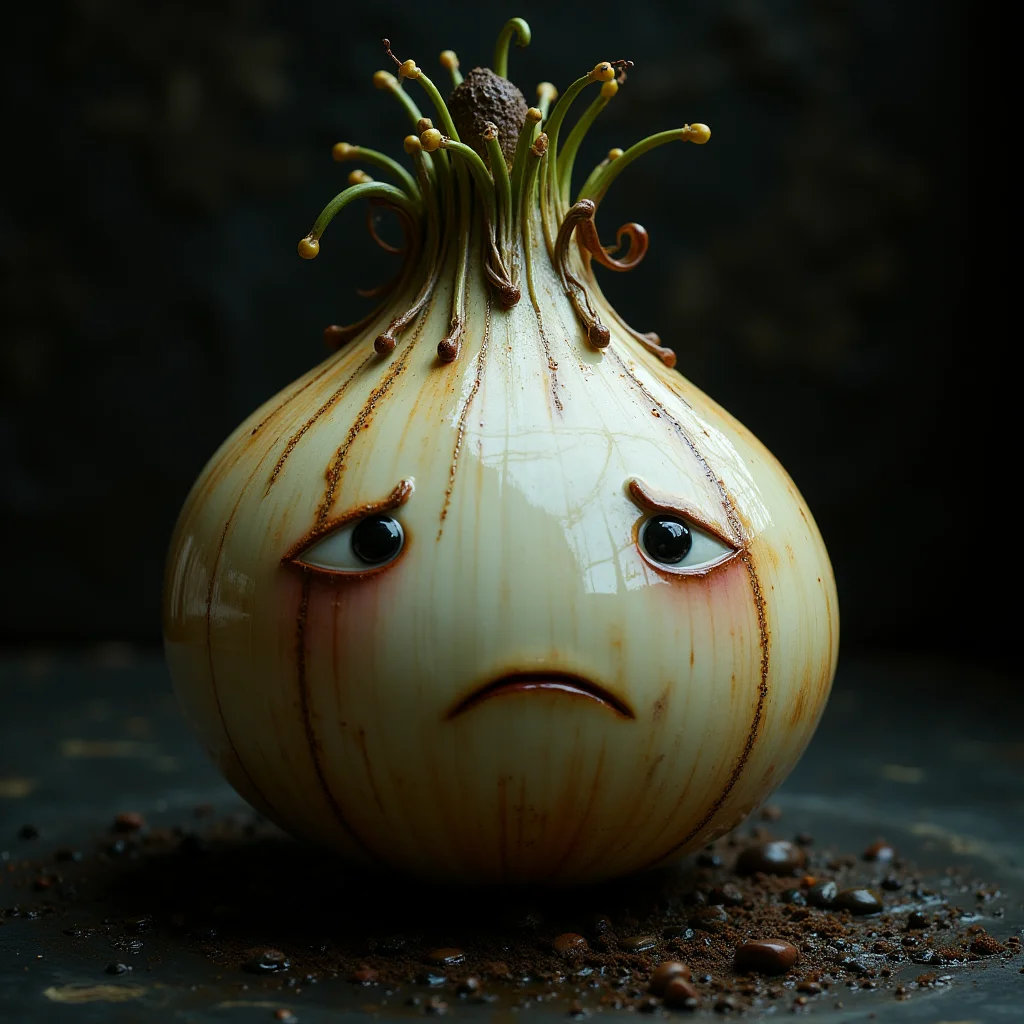 porcelain onion with a sad face, muted wet colors, intricate artwork, impressive, whimsical, intense back light, dreamy masterwork