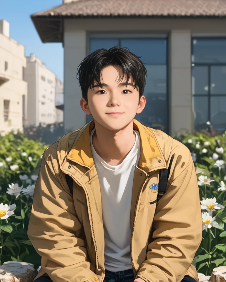 score_9, score_8_up, score_7_up, Korean, <lora:Expressive_H:1>, ((handsome young cute man:1.2, light skin)), ((23yo)),(focus male, solo:1.1), masterpiece, best quality,
The image features a young man sitting on the edge of a rock with a relaxed posture. He is dressed in a casual outfit that consists of white beige trousers and a matching beige jacket. Underneath the jacket, a white t-shirt is visible. The man is holding a small bouquet of flowers, which he seems to be presenting or offering.
He is slight smiling and looking directly towards the camera, conveying a sense of joy or anticipation. The man has short, dark hair and appears to be in his late teens or early twenties. The background of the image is out of focus but suggests an outdoor setting with architectural features like a building and a structure with a corrugated metal roof.
The style of the image is candid and appears to be a lifestyle or fashion photograph, with shallow depth of field that keeps the person in sharp focus while the background fades into soft colors. The lighting is bright and even, suggesting a sunny day. There are no texts visible in the image.
<lora:tae_dong-000017:1>, tae_dong