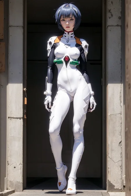 masterpiece, best quality, 1girl, ayanamirei, white plugsuit, interface_headset, looking at viewer, expresionless, cyberpunk city, full body, standing <lora:reiAyanamiEvangelion_v6FullRelease:0.8>