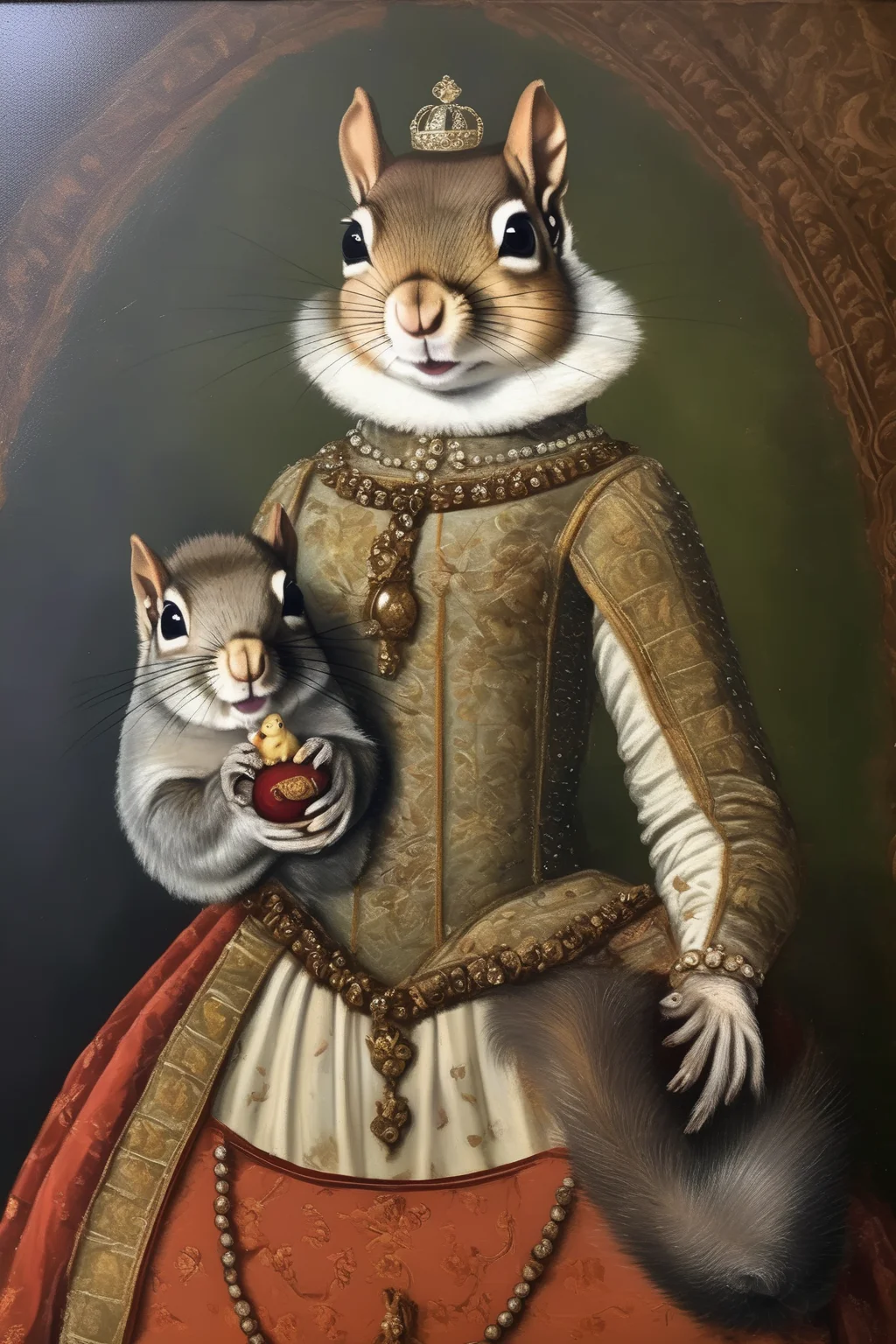 <lora:Sofonisba Anguissola Style:1>Sofonisba Anguissola Style - Empress Matilda of England regency style painting with a pet squirrel in full regalia