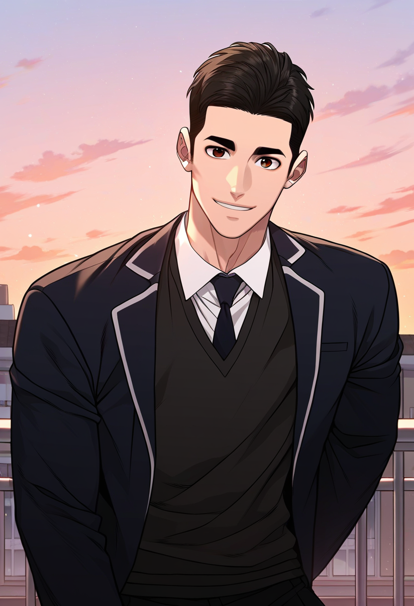 1boy, male focus, solo,
<lora:Character - Questism - Kang Sechan:1> kangsechan, black hair, brown eyes,
,((zPDXL)), score_9_up, score_8_up, score_7_up, score_6_up, score_5_up, score_4_up, best quality, amazing quality, best aesthetic, amazing aesthetic, absurdres, year2023, uncensored, very nsfw, official art, official style, detailed eye,
rooftop, school, outdoor, sky
school uniform,  blazer, black necktie, against railing, smile, looking at viewer,