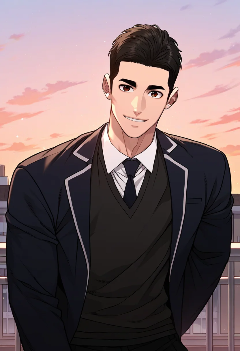 1boy, male focus, solo,
<lora:Character - Questism - Kang Sechan:1> kangsechan, black hair, brown eyes,
,((zPDXL)), score_9_up, score_8_up, score_7_up, score_6_up, score_5_up, score_4_up, best quality, amazing quality, best aesthetic, amazing aesthetic, absurdres, year2023, uncensored, very nsfw, official art, official style, detailed eye,
rooftop, school, outdoor, sky
school uniform, blazer, black necktie, against railing, smile, looking at viewer,