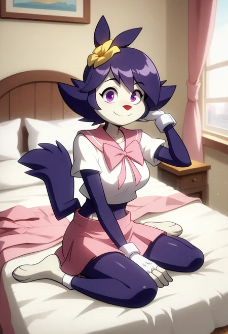 score_9, score_8_up, score_7_up, score_6_up,
masterpiece, best quality, absurdes, 1girl, solo, full body,
(source_cartoon),
<lora:Dot Warner - Anime Dot (Pony):1>
Anime_Dot, purple hair, hair flower, violet eyes, tail, furry female, animal nose, body fur, purple fur,
white shirt, pink skirt, midriff,
smile, skirt, sitting, sitting on bed, mature female, thick,
indoors, bedroom,
<lora:add-detail-xl:0.9>
<lora:light:1.0> neolight,