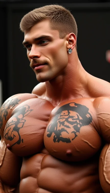 A youngish (18-25) masculine muscle stud @aibfx1 male tattoos everywhere, with body and face IN THE STYLE OF TOMOFFINLAND art. His physiques is masculine and with exaggerated bodybuilder muscles physique, he has macho features such as "Marlboro man moustache" pirate earrings, outrageous tattoos his large pectorals are center stage.
