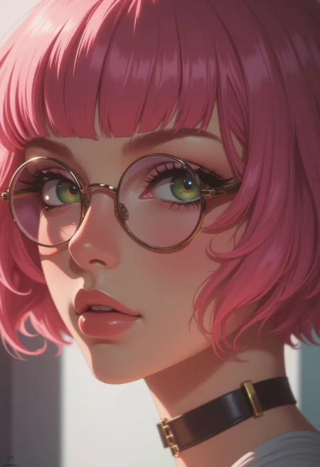 masterpiece, best quality, hyperrealistic digital painting by Jeremiah Ketner and Charlie Bowater and Stanley Artgerm and Thomas Saliot and J. Scott Campbell, shallow depth of field, bokeh, incredibly detailed, real, lifelike face, realistic, round glasses, pink hair, green eyes, deep gaze, side view, extreme close-up, blurred background,