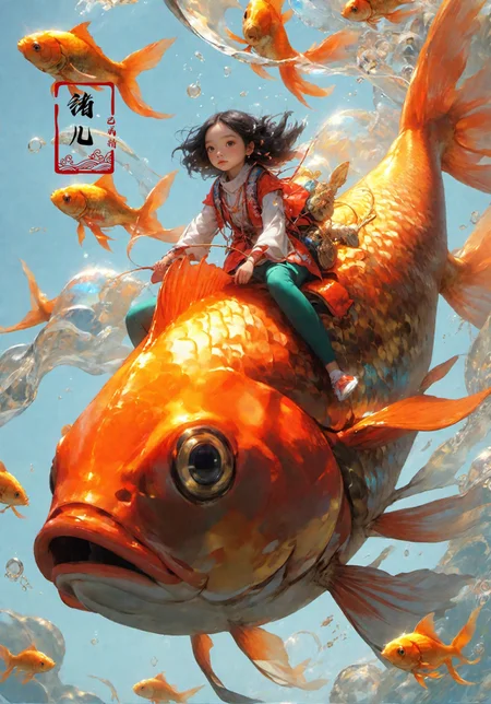 super vista, super wide Angle
goldfish1girl a girl riding on a large goldfish,  <lora:~Q?-Y'| goldfish:0.8>