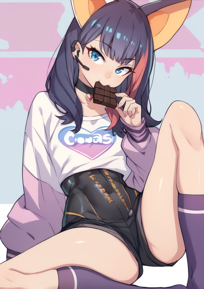 gridman universe, metallic rouge, ssss.gridman, rouge redstar, takarada rikka, nikonishi, 1girl, arm support, black choker, black hair, blue eyes, blunt bangs, blush, candy,chocolate, chocolate bar, choker, cosplay, earpiece, eating, food, high-waist shorts, knee up, long hair, long sleeves, looking at viewer, multicolored hair, purple hair, purple socks, red hair, rouge redstar (cosplay), shiny skin, shorts, signature, sitting, socks, solo, streaked hair, thick thighs, thighs  <lora:Ban AP:1>, score_9, score_8_up, score_7_up, score_6_up, score_5_up, score_4_up, BREAK source_anime, masterpiece