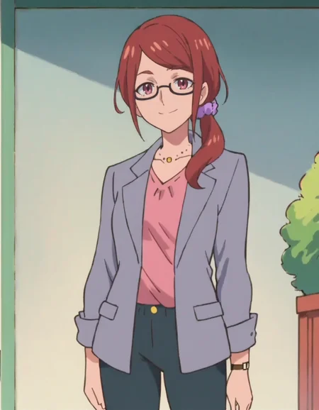 score_9, score_8_up, score_7_up, anime screencap, solo,1girl,nonosumire, glasses, jewelry, necklace, pants, jacket, purple scrunchie, semi-rimless eyewear, watch,cowboy shot,medium breasts,wide hip,smile <lora:nonosumire:0.8>