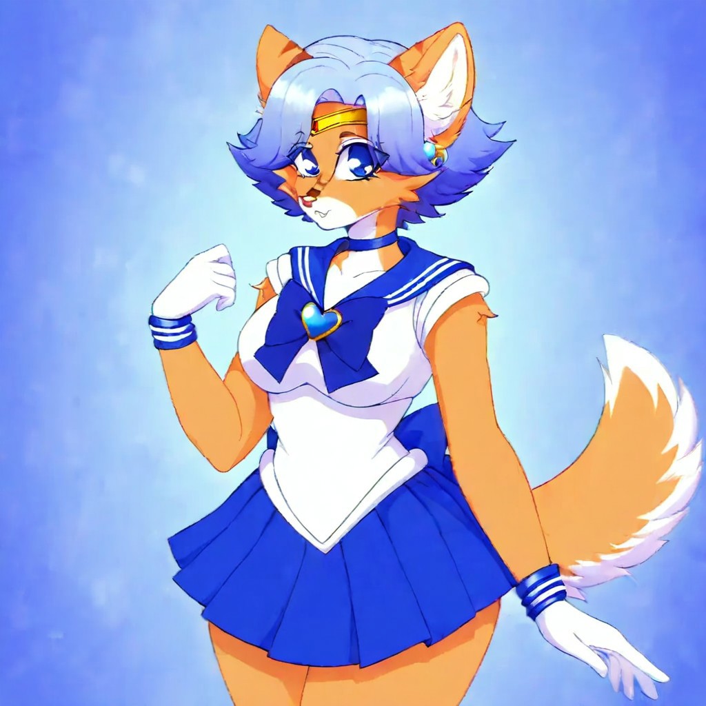 M1tz1,1girl,solo,furry,furry female,animal ears,short hair,blue hair,blue eyes,snout,animal nose,body fur,two-tone fur,brown fur,white fur,tail,,medium breasts,tiara,blue back bow,blue sailor collar,blue skirt,(0light blue bow:2),long back bow, choker,earrings, gloves, jewelry ,heart brooch ,magical girl, miniskirt,pleated skirt, sailor collar, sailor senshi uniform, leotard, skirt, stud earrings,sleeveless,
