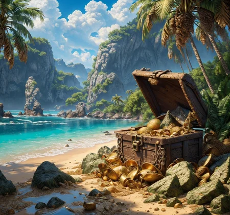 RAW photo, (masterpiece:1.3), subsurface scattering, heavy shadow, (high quality:1.4), (intricate, high detail:1.2), professional photography, HDR, High Dynamic Range, realistic, ultra realistic, photorealistic, high resolution, film photography, ambient lighting, atmospheric effects, <lora:detail_slider_v4:2>, OverallDetail, sandy beach, cloud, cloudy sky, nature, palm tree, plant, rock, scenery, shore, sky, summer, sunlight, tree, <lora:Beach:1>, treasure chest with gold, treho, <lora:TreasureHoard:0.6>, epiCPhoto,