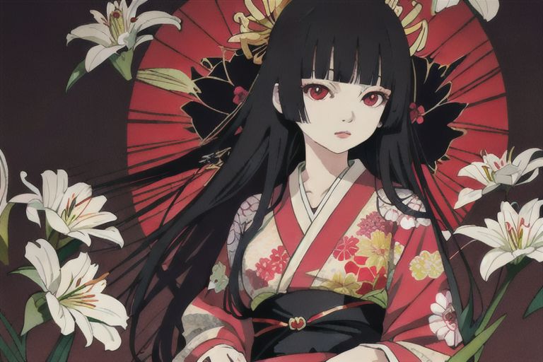 enma ai, hair down, hair black, bangs, eyes red, masterpiece, best quality, ultra-detailed, illustration, 1girl, solo, highres, photorealistic, ultra high res, (Original illustration composition), (fusion of limited color,Maximalism artstyle, kimono fashion, double exposure, background, illustration, Amazing, lily spider