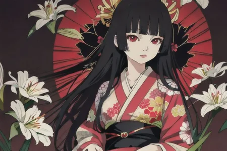 enma ai, hair down, hair black, bangs, eyes red, masterpiece, best quality, ultra-detailed, illustration, 1girl, solo, highres, photorealistic, ultra high res, (Original illustration composition), (fusion of limited color,Maximalism artstyle, kimono fashion, double exposure, background, illustration, Amazing, lily spider