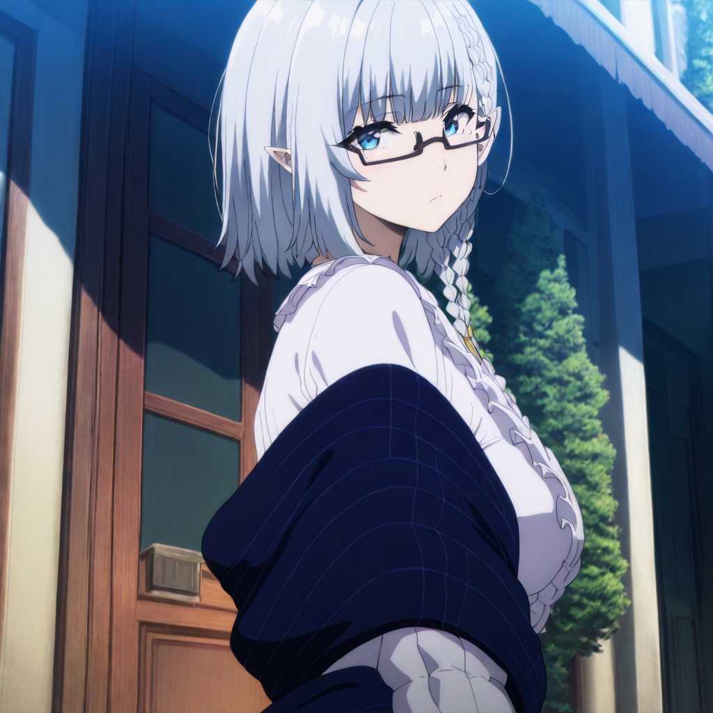 solo,upper_body,looking at viewer,masterpiece,high score,great score,absurdres,anime coloring,<lora:BetaV3 ag4o:1> betakage, pointy ears, grey hair, short hair, blue eyes, mole under eye, side braid,frilled shirt,under-rim eyewear,shawl,side braid,outdoors,