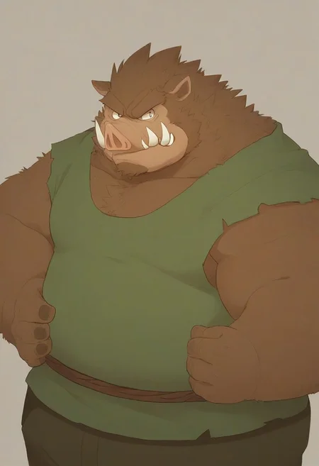 score_9,score_8_up, rating_safe, source_furry,
orc, pig boar, dragon quest, chubby, fat, overweight, boar fangs, brown fur, no eyebrow,