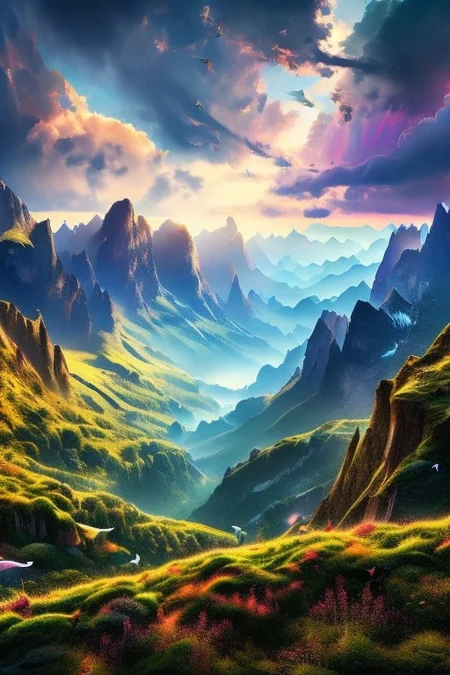 ((masterpiece)), ((best quality)), ultra-detailed, 8k, fantasy valley with a river winding through the landscape, viewed from the top of a hill, vibrant colors, high contrast, magical atmosphere, glowing particles floating in the air, butterflies, exotic birds, artistic composition, deers, owls, foxes, horses, mice, and other mammals gathering on the hill, lush greenery, dynamic lighting, cinematic view, mystical, enchanted environment, fantasy-style landscape, dramatic sky, ethereal glow.
Birds form the shape of a woman in the air