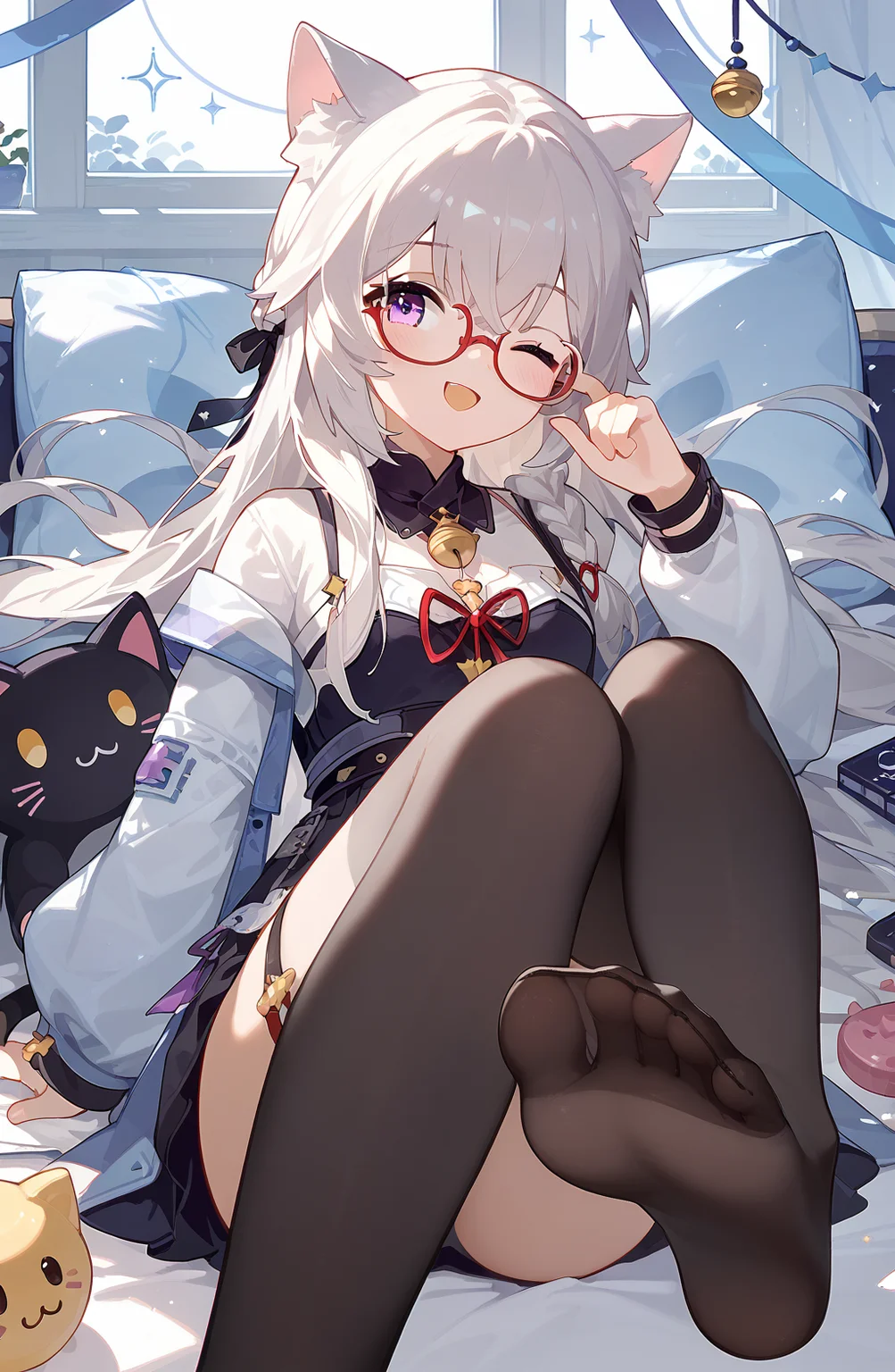 (score_9,score_8_up,score_7_up),<lora:xinhui_(kalabiqiu)_v1:1>,xinhui_(kalabiqiu),1girl,one eye closed,glasses,thighhighs,open mouth,feet,no shoes,smile,soles,solo,looking at viewer,cat ears,long hair,toes,blush,;d,semi-rimless eyewear,stuffed toy,long sleeves,black thighhighs,anime,NSFW,good feet,expressive,