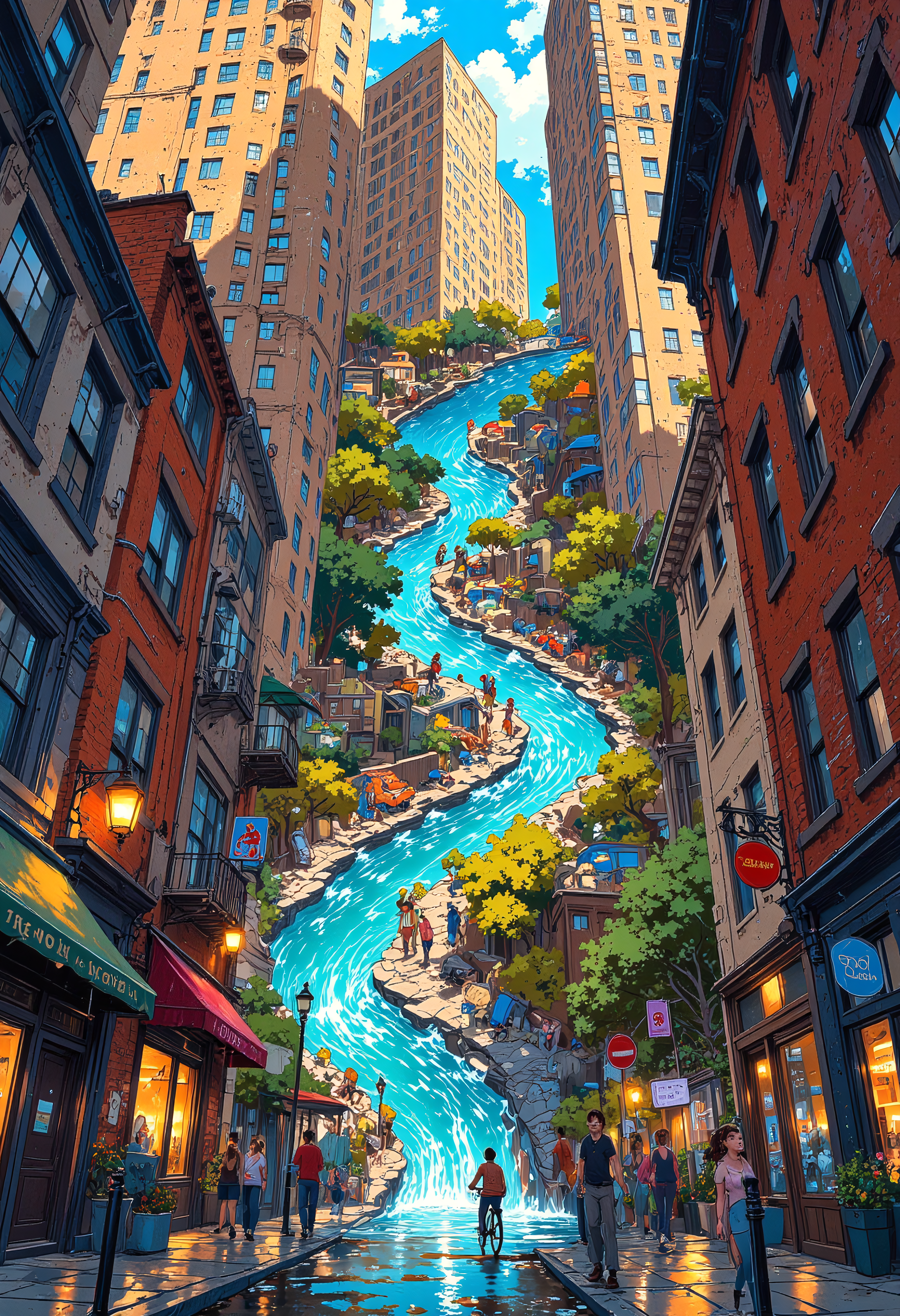 A bustling city street folds and twists like a crumpled sheet of paper, yet the people walking along it seem unfazed. Buildings stretch and curve into impossible shapes, their windows and doors distorted like a funhouse mirror. A cyclist rides along a road that loops in on itself, and a streetlight appears to be melting into a pool of liquid light. The perspective shifts unpredictably, making it hard to tell which way is up or down.