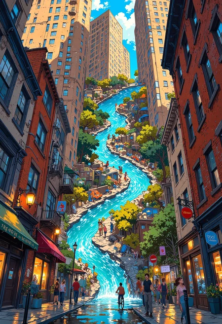A bustling city street folds and twists like a crumpled sheet of paper, yet the people walking along it seem unfazed. Buildings stretch and curve into impossible shapes, their windows and doors distorted like a funhouse mirror. A cyclist rides along a road that loops in on itself, and a streetlight appears to be melting into a pool of liquid light. The perspective shifts unpredictably, making it hard to tell which way is up or down.