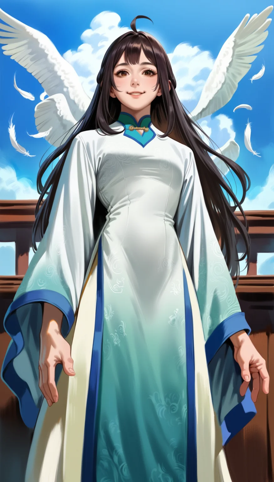 score_9,score_8_up,score_7_up,<lora:xinxianying>,xinxianying,realistic,
1girl,solo,long black hair,bangs,ahoge,brown eyes,looking at viewer,smile,informal costume,cowboy shot,outdoors,blue sky,feathers,from below,