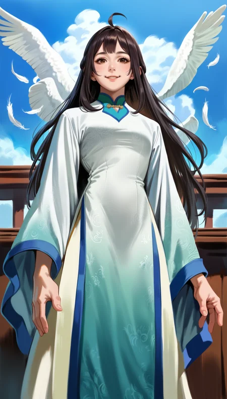 score_9,score_8_up,score_7_up,<lora:xinxianying>,xinxianying,realistic,
1girl,solo,long black hair,bangs,ahoge,brown eyes,looking at viewer,smile,informal costume,cowboy shot,outdoors,blue sky,feathers,from below,