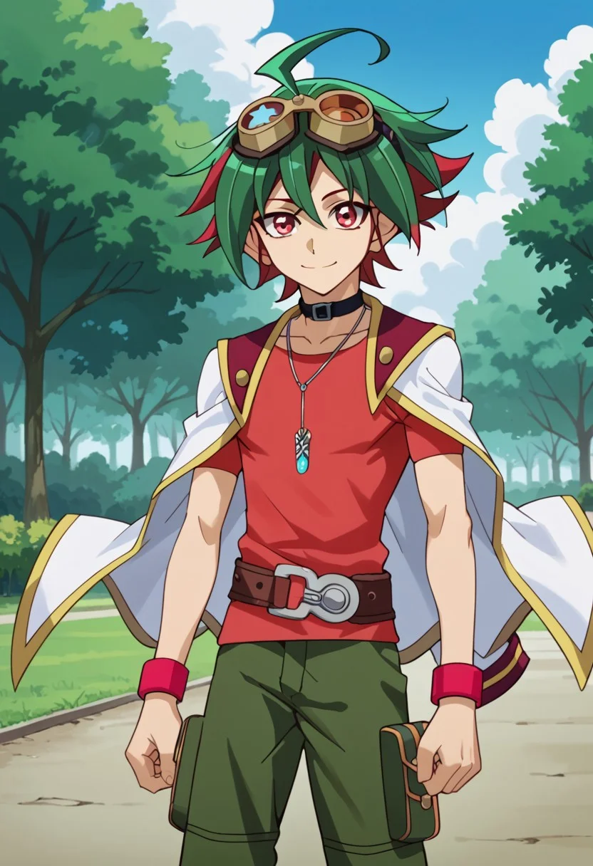 score_9, score_8_up, score_7_up, score_6_up, highly detailed,Good Colors, Glowing Skin, Good Shading, Good Eyes, Contrast Shading, Yuya, 1boy, male_focus, green hair, red hair, multicolor hair, ahoge, red eyes, googles on head, goggles, choker, pendulum necklace, red bracelets, red shirt, white jacket, jacket on shoulders, belt, green pants, red shoes, smile, on park