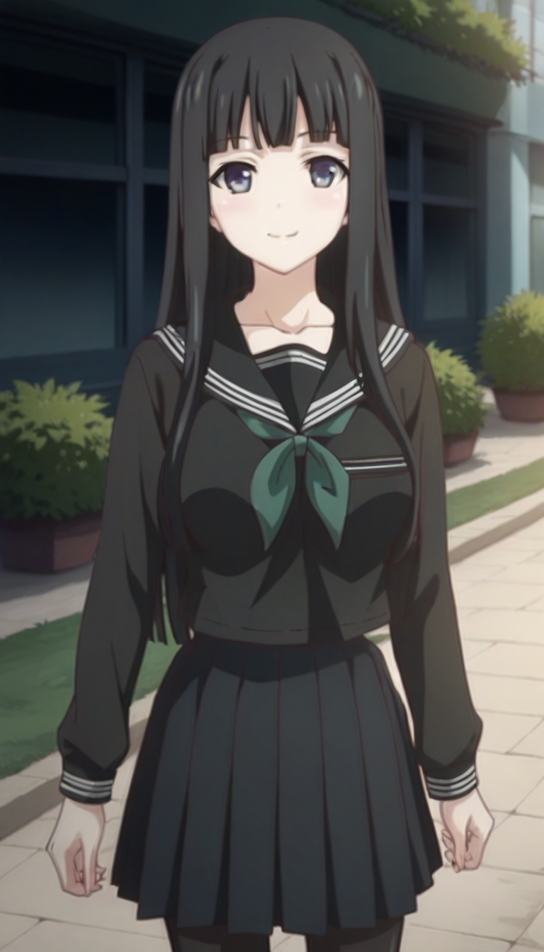 score_9,score_8_up,score_7_up,score_6_up BREAK official art,solo,outdoors,cowboy shot,looking at viewer,facing viewer,smile,blush,Byakuya Rinne,long hair,black hair,hime cut,blunt bangs,grey eyes,collarbone,black sailor collar,black shirt,green neckerchief,long sleeves,medium breasts,black skirt,pleated skirt,black pantyhose,loafers,<lora:Byakuya Rinne(euphoria)-Pony:1.5>,