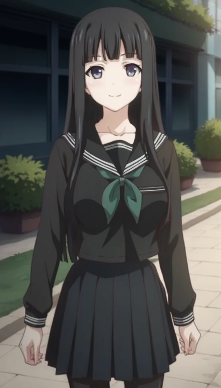 score_9,score_8_up,score_7_up,score_6_up BREAK official art,solo,outdoors,cowboy shot,looking at viewer,facing viewer,smile,blush,Byakuya Rinne,long hair,black hair,hime cut,blunt bangs,grey eyes,collarbone,black sailor collar,black shirt,green neckerchief,long sleeves,medium breasts,black skirt,pleated skirt,black pantyhose,loafers,<lora:Byakuya Rinne(euphoria)-Pony:1.5>,