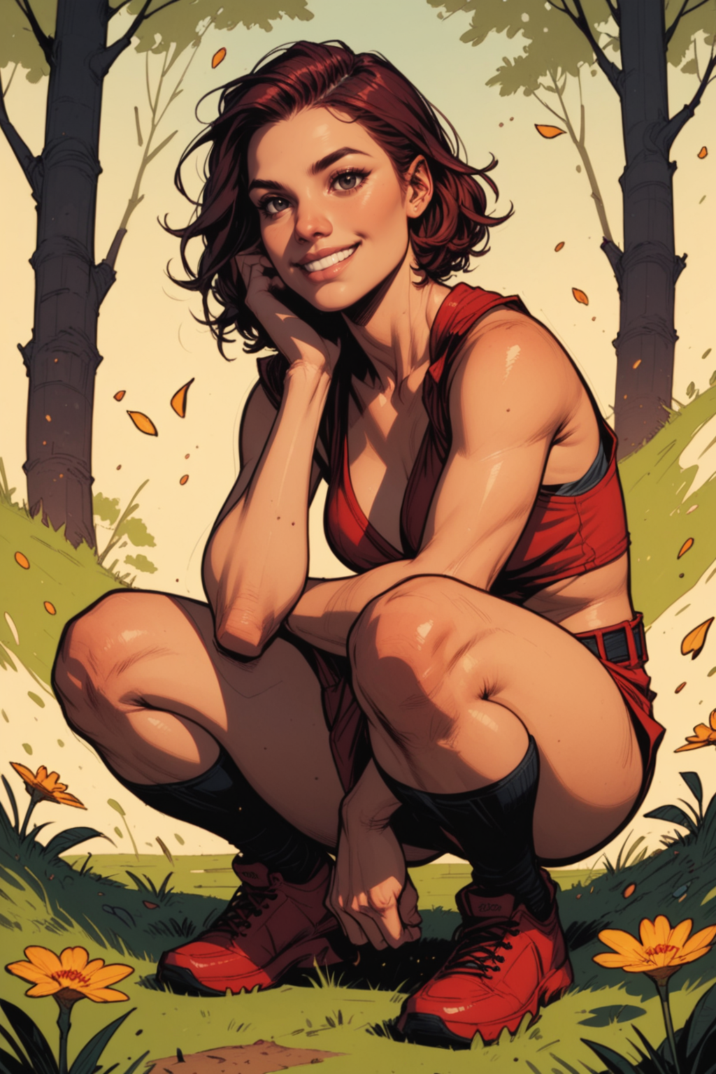 frog, no humans, solo, outdoors, grass, blurry, closed mouth, realistic, sitting, flower, full body, squatting, black eyes, blurry background, looking at viewer, smile, colored skin, <lora:Expressive_H:0.5>, score_9, score_8_up, score_8_up, a_Comic_Illustration, rough lines with ink, (drawn:1.1), (sketch:1.5), (crosshatching:1.25), (comic style:1.1), graphic novel style, sharp lines, hires, zstyle, (western comics \(style\):1.1), (hatching \(texture\):1.2), zPDXL, Mr_Monster_Possitive