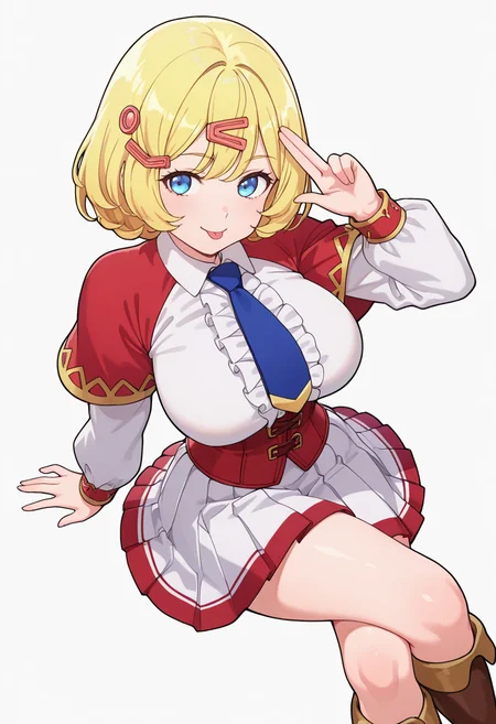 Smooth Quality,masterpiece,very intricate, high quality details, ultra realistic, high detailed skin,detailed enviorement,absurdres,
two-finger salute,solo,
<lora:Esyne_CNR:0.8> esyne_cnr, blue eyes, blonde hair, short hair,large breasts, hair ornament, hairclip,
white shirt, red corset,blue necktie,long sleeves,red capelet,white skirt, pleated skirt, knee boots, center frills,, simple background, white background, from above,
sitting pose, legs crossed, one hand resting on chin, playful smile, relaxed shoulders, ,, :p,