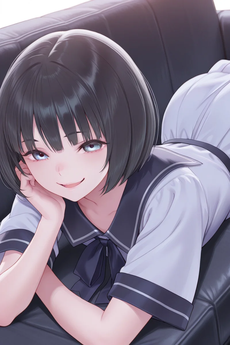 masterpiece, best quality, amazing quality,
<lora:Uta_IL:1> uta, 1girl, solo, dress, black hair, smile, looking at viewer, short hair, short sleeves, bangs, open mouth, lying, couch, school uniform, serafuku, bob cut, on stomach