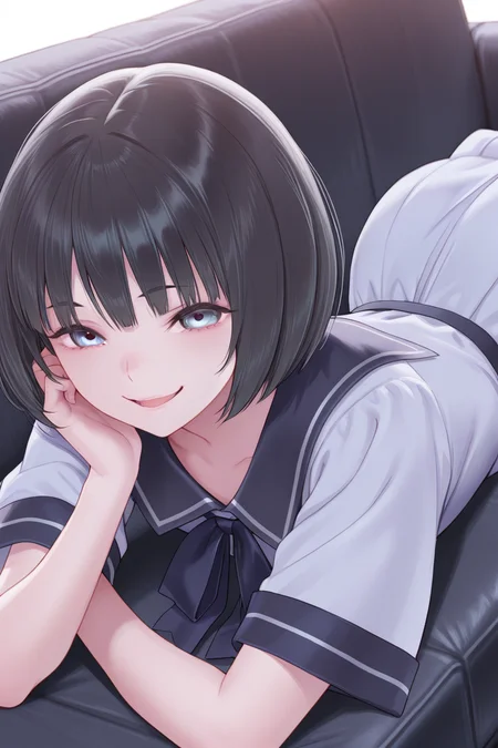 masterpiece, best quality, amazing quality,
<lora:Uta_IL:1> uta, 1girl, solo, dress, black hair, smile, looking at viewer, short hair, short sleeves, bangs, open mouth, lying, couch, school uniform, serafuku, bob cut, on stomach