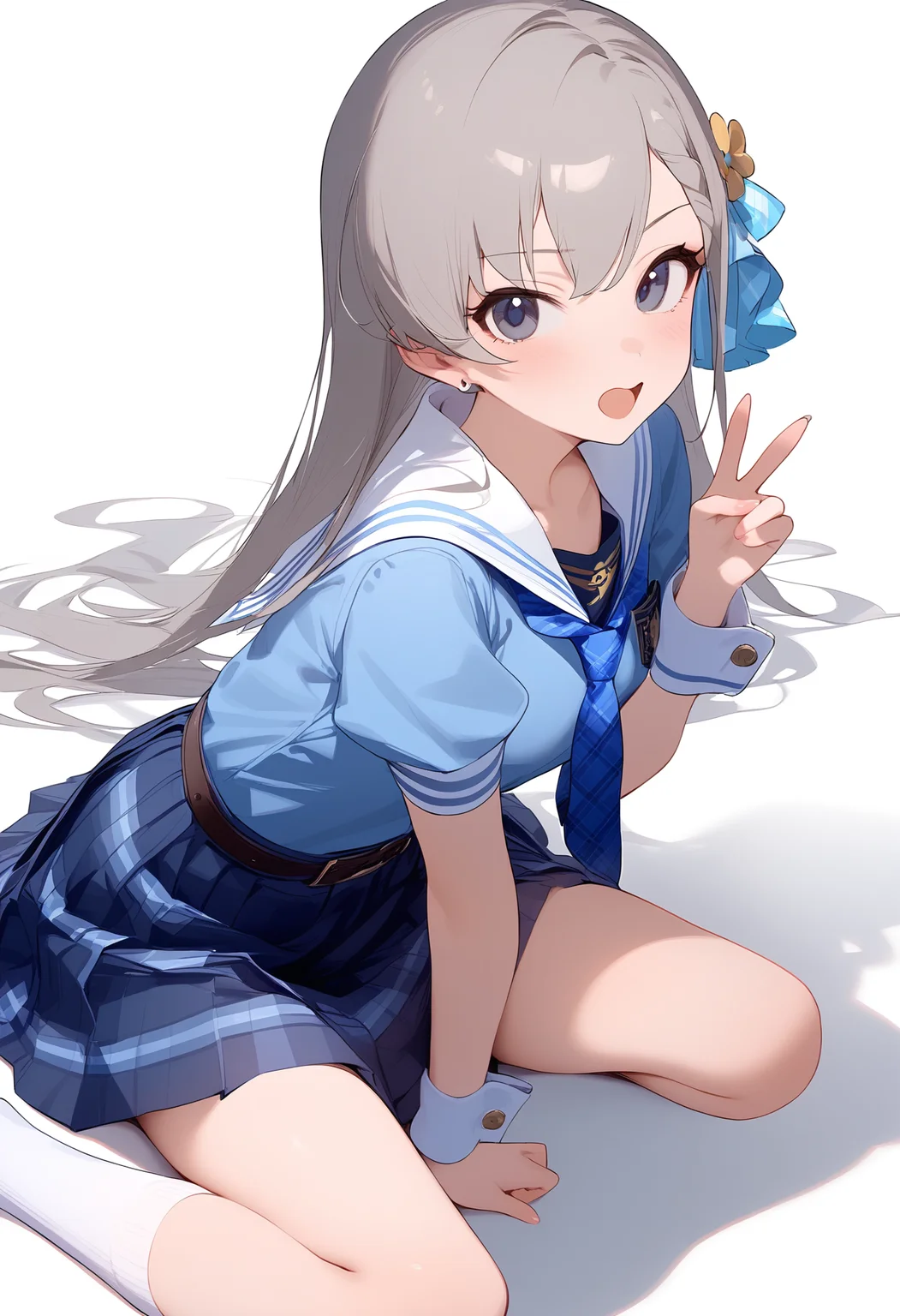 hisakawa hayate,puffy short sleeves,white sailor collar,1girl,blush,solo,wrist cuffs,blue dress,looking at viewer,hair ribbon,sailor dress,blue necktie,pleated dress,pleated skirt,white background,collarbone,plaid necktie,simple background,open mouth,d,blue shirt,blue skirt,closed mouth,belt,hair ornament,school uniform,white socks,<lora:a31_char_new_hisakawa_hayate-000026:1>masterpiece, best quality, absurdres<lora:a31_style_koni-000010:0.8>