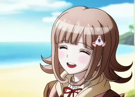 (((solo))), ))She has an embarrassed expression . masterpiece, best quality, <lora:Chiaki_Nanami_Illustrious:1>, In the art style of Rui Komatsuzaki, artist: Rui Komatsuzaki, This anime screencap is from Danganronpa the Animation. Chiaki Nanami's wearing her uniform from Danganronpa 3. Chiaki Nanami has short hair that slightly curls outwards, though the locks on either side of her face curl inwards. Chiaki Nanami's hair is a dusty light pink that is almost light brown. Chiaki has short straight bangs split towards the right, a white Galaga hairclip pinned to a lock of her hair. Chiaki Nanami has blossom pink eyes. Chiaki's uniform consists of a white button-up dress shirt with a red ribbon tied in a bow at the collar, with a warm brown blazer with a cream-colored hooded cardigan underneath her blazer. She also sports black thigh-high socks and light pink Mary-Jane style shoes with white soles. Chiaki Nanami is on the beach of Jabberwock Island. Chiaki Nanami has her hood up, revealing two pink circles on the front of the hood. The image is a close-up, showing her from the chest up. She's wearing a pale pink backpack with a white pocket and a plush cat head sewn to the top. Chiaki is looking to the right, smiling and laughing with her eyes closed. There are light blue waves behind her, and the sky is a pale blue with white clouds.