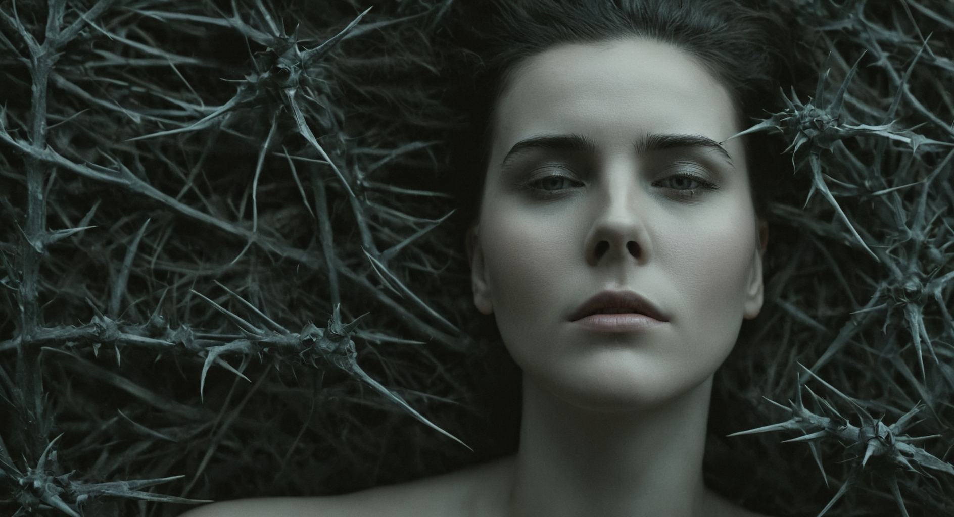 cinematic film still of  <lora:Fine art photography style:1>
Closeup,From above,Juxtaposition of a creepy disturbing photo of a woman3 with her eyes closed covered in hair and thorns,solo,monochrome,greyscale,no humans,plant,horror (theme) Juxtaposition,artistic,photography,dramatic light,dramatic shadow light,contrast,saturated color,cinematic,filmic,photographic,realistic,realism,perfection,perfect,Juxtaposed,opposite,different things,side by side,syncretism,antithesis,Juxtaposition style,horror (theme) , creative, photorealism, hyperrealism, Fine art photography style, Fine art cinematic photography style, shallow depth of field, vignette, highly detailed, high budget, bokeh, cinemascope, moody, epic, gorgeous, film grain, grainy